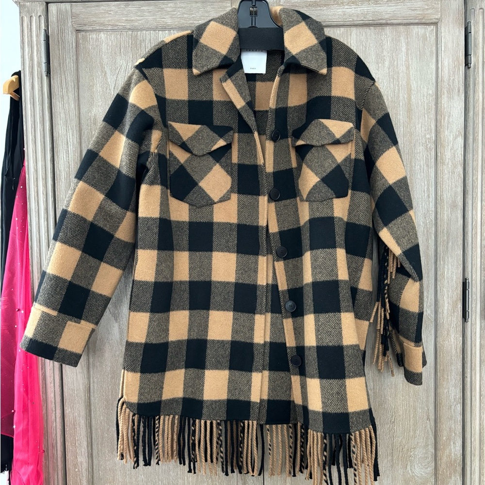 Whole new Sandro Feny buffalo plaid fringe-hem wool-blend jacket. Size 38